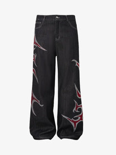 Tribal Rhinestone Graphic Wide Leg Jeans - Negro