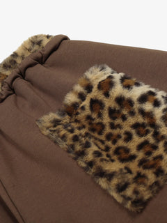 Retro Double-Waist Leopard Patch Barrel Pants - Dark Brown