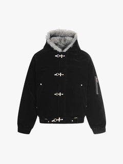 Streetwear Metal Clip Faux Fur Hooded Suede Bomber Jacket - Negro