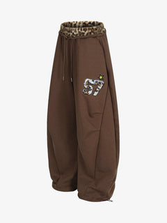 Retro Double-Waist Leopard Patch Barrel Pants - Dark Brown