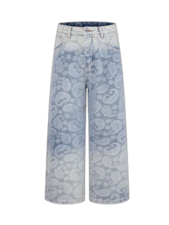 Floral Jacquard Denim Jeans - Blue And White
