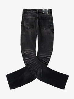Vintage Distressed Button Fly Ruched Panel Flared Jeans - Negro