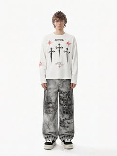 Letter Print Waffle Cross Long-Sleeved T-Shirt - Blanco