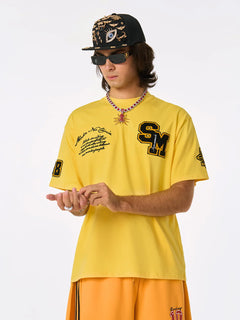 Retro Motorcycle Style Heavy Patch Embroidered T-shirt - Amarillo