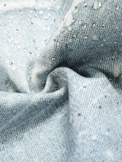 Vintage Washed Rhinestone Wide Leg Denim Jeans - Azul