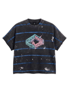 Vintage Washed Striped Paint Splatter Graphic T-Shirt - Negro