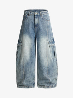 Vintage Cargo Pocket Washed Barrel Jeans - Azul