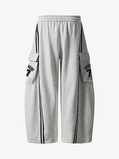 Cotton Web Stitching Letter Print Drawstring Barrel Pants - Light Gray