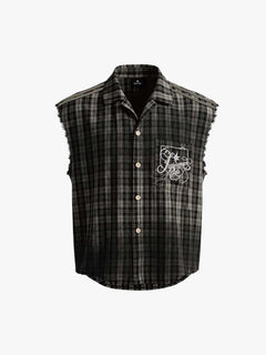 Vintage Punk Distressed Plaid Sleeveless Shirt - Dark Brown