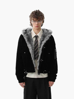 Streetwear Metal Clip Faux Fur Hooded Suede Bomber Jacket - Negro