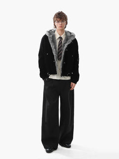 Streetwear Metal Clip Faux Fur Hooded Suede Bomber Jacket - Negro