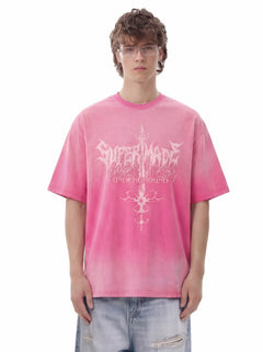 Acid Wash Gothic Cross Spine Graphic Distressed T-Shirt - Rosa