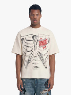Skeleton & Melted Heart Graphic Waffle Knit T-Shirt - Beige