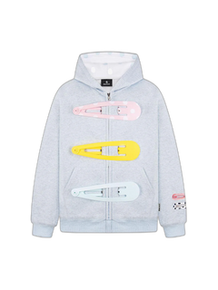 Detachable Hair Clip Decoration Zip Up Hoodie - Light Blue - MAIN