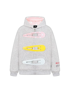 Detachable Hair Clip Decoration Zip Up Hoodie - Gris - MAIN