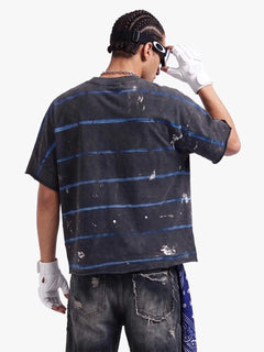 Vintage Washed Striped Paint Splatter Graphic T-Shirt - Negro