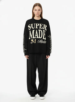Retro Letter Print Waffle Simplicity Long-Sleeved T-Shirt - Negro