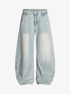 Denim Washed Distressed Barrel Jeans - Light Blue - MAIN
