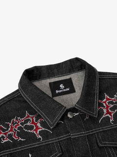Rhinestone Thorn Graphic Denim Jacket - Gray Black