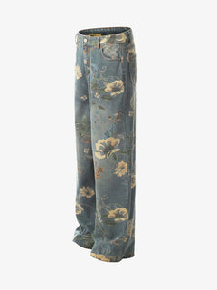 Denim Floral Print Carpenter Jeans - Azul
