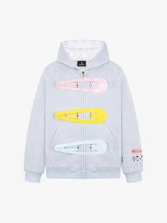 Detachable Hair Clip Decoration Zip Up Hoodie - Light Blue