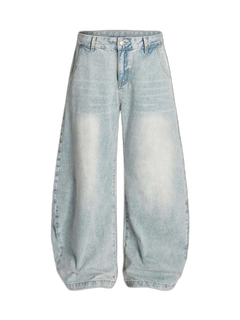 Denim Washed Distressed Barrel Jeans - Light Blue - MAIN