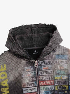 Distressed Multi-Label Graphic Sleeveless Zip Hoodie - Gris oscuro