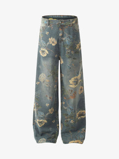 Denim Floral Print Carpenter Jeans - Azul