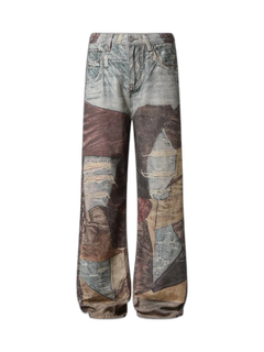 High Street Distressed Washed Printed Jeans - Café