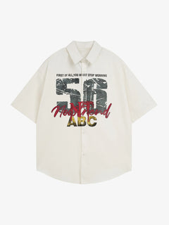 Retro Letter Print Short Sleeve Shir - Albaricoque
