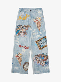 Retro Artistic Graffiti Angelic Prints Baggy Jeans - Azul