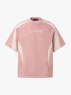 Suede Panel Embroidered Logo Short Sleeve T-Shirt - Rosa