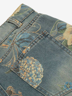 Denim Floral Print Carpenter Jeans - Azul