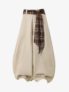 Sash-Belt Curved Balloon Pants - Khaki