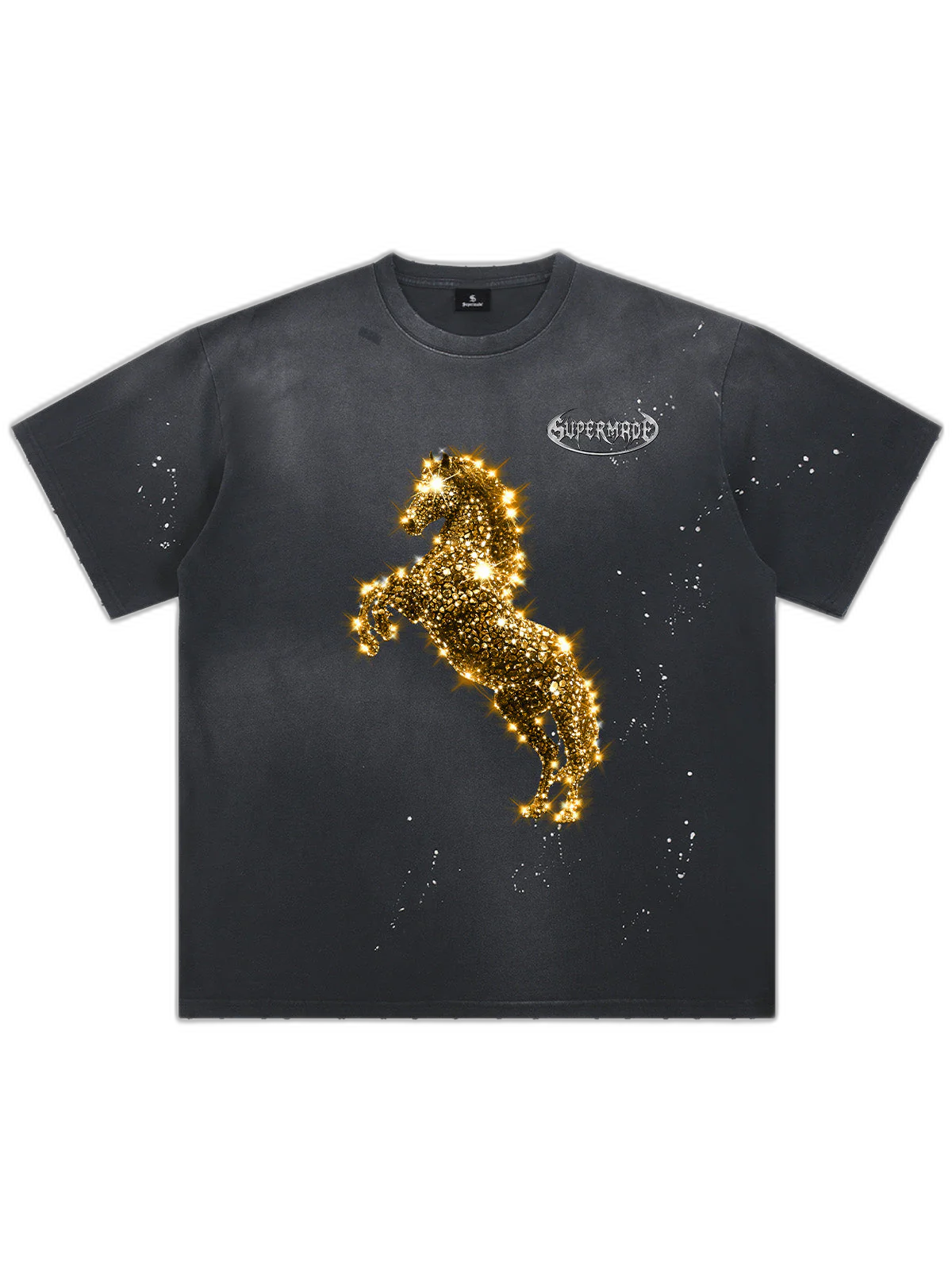 Vintage Wash Glitter Horse Pattern Splash Ink T-Shirt
