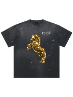 Vintage Wash Glitter Horse Pattern Splash Ink T-Shirt - Negro