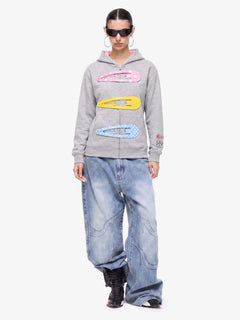 Detachable Hair Clip Decoration Zip Up Hoodie - Gris