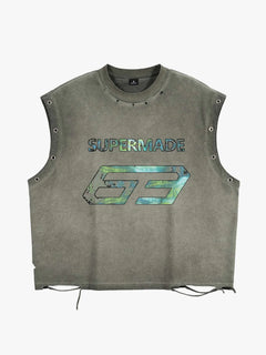 Vintage Washed 63 Graphic Sleeveless T-Shirt - Gray-Green