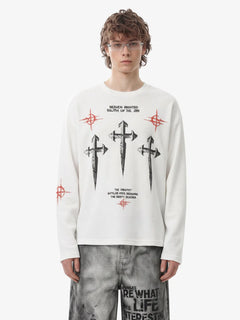 Letter Print Waffle Cross Long-Sleeved T-Shirt - Blanco