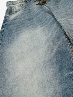 Washed Metal Hook Front Design Barrel Jeans - Azul