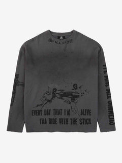 Waffle-Knit Distressed Gradient Print Long T-Shirt - Gris oscuro