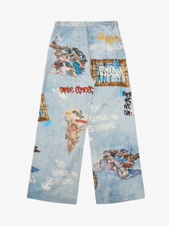 Retro Artistic Graffiti Angelic Prints Baggy Jeans - Azul