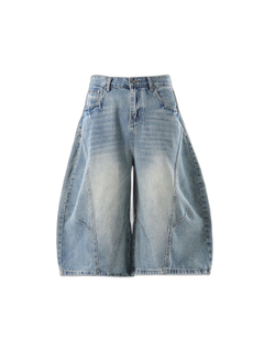 Curved Silhouette 3D Paneled Denim Shorts - Light Blue - MAIN