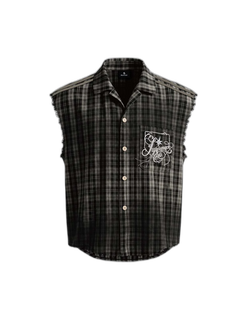 Vintage Punk Distressed Plaid Sleeveless Shirt - Dark Brown