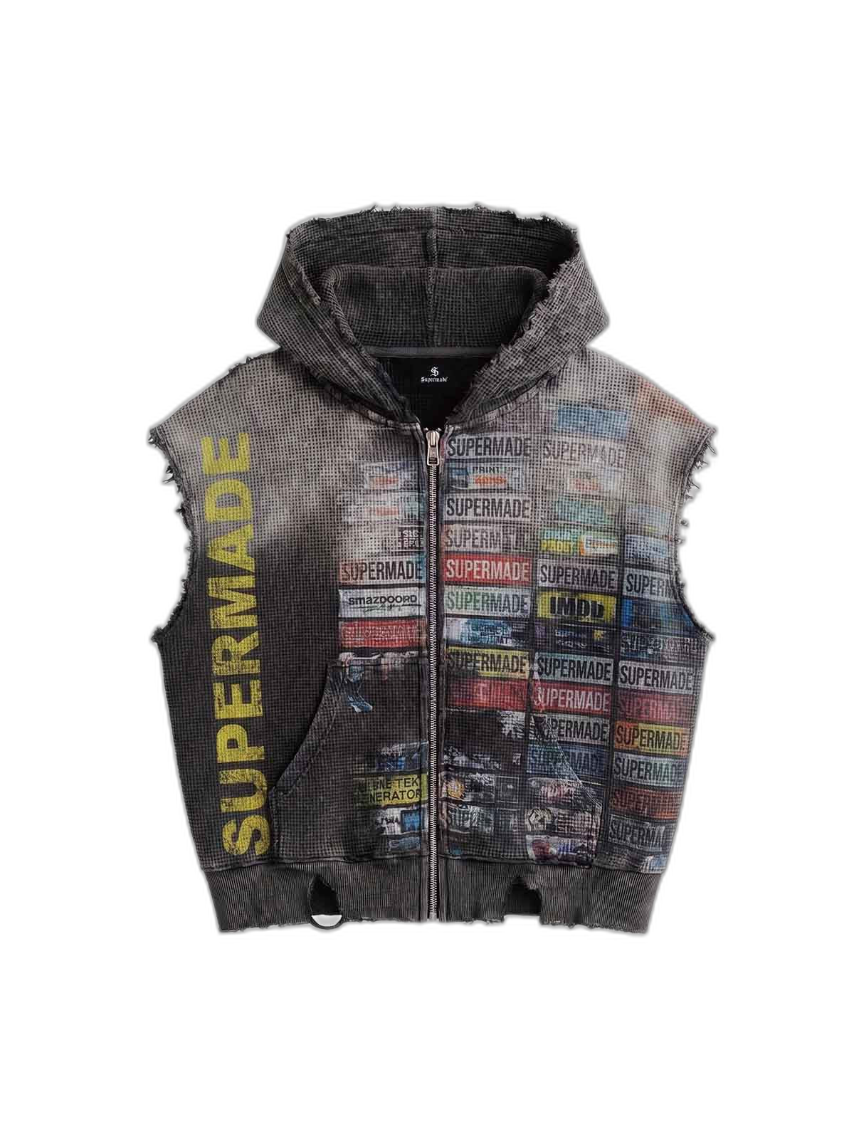 Distressed Multi-Label Graphic Sleeveless Zip Hoodie