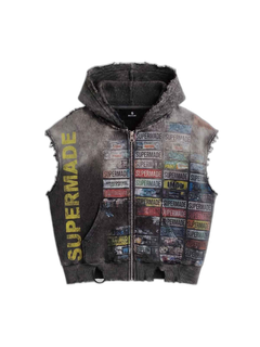Distressed Multi-Label Graphic Sleeveless Zip Hoodie - Gris oscuro