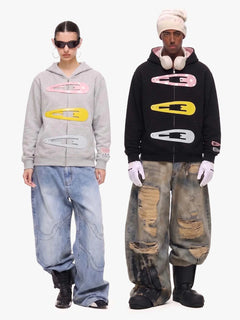 Detachable Hair Clip Decoration Zip Up Hoodie - Negro