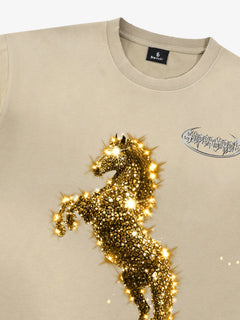 Vintage Wash Glitter Horse Pattern Splash Ink T-Shirt - Albaricoque