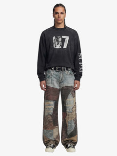 High Street Distressed Washed Printed Jeans - Café