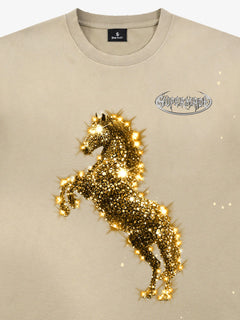 Vintage Wash Glitter Horse Pattern Splash Ink T-Shirt - Albaricoque